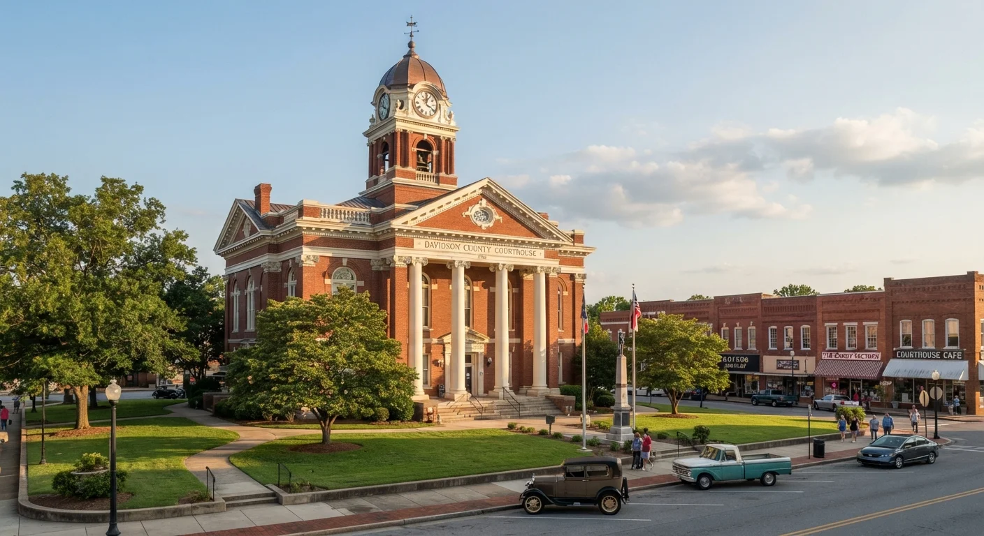 The Davie County Courthouse, a Classical Revival building with a clock tower and white columns, circa 1909